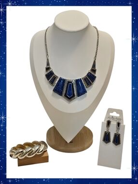 Royal Blue And Silver Tone Statement Necklace Set
